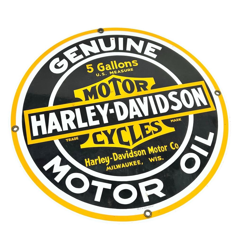 Ande Rooney Harley Davidson Genuine Motor Oil 11" Porcelain Enamel Round Sign